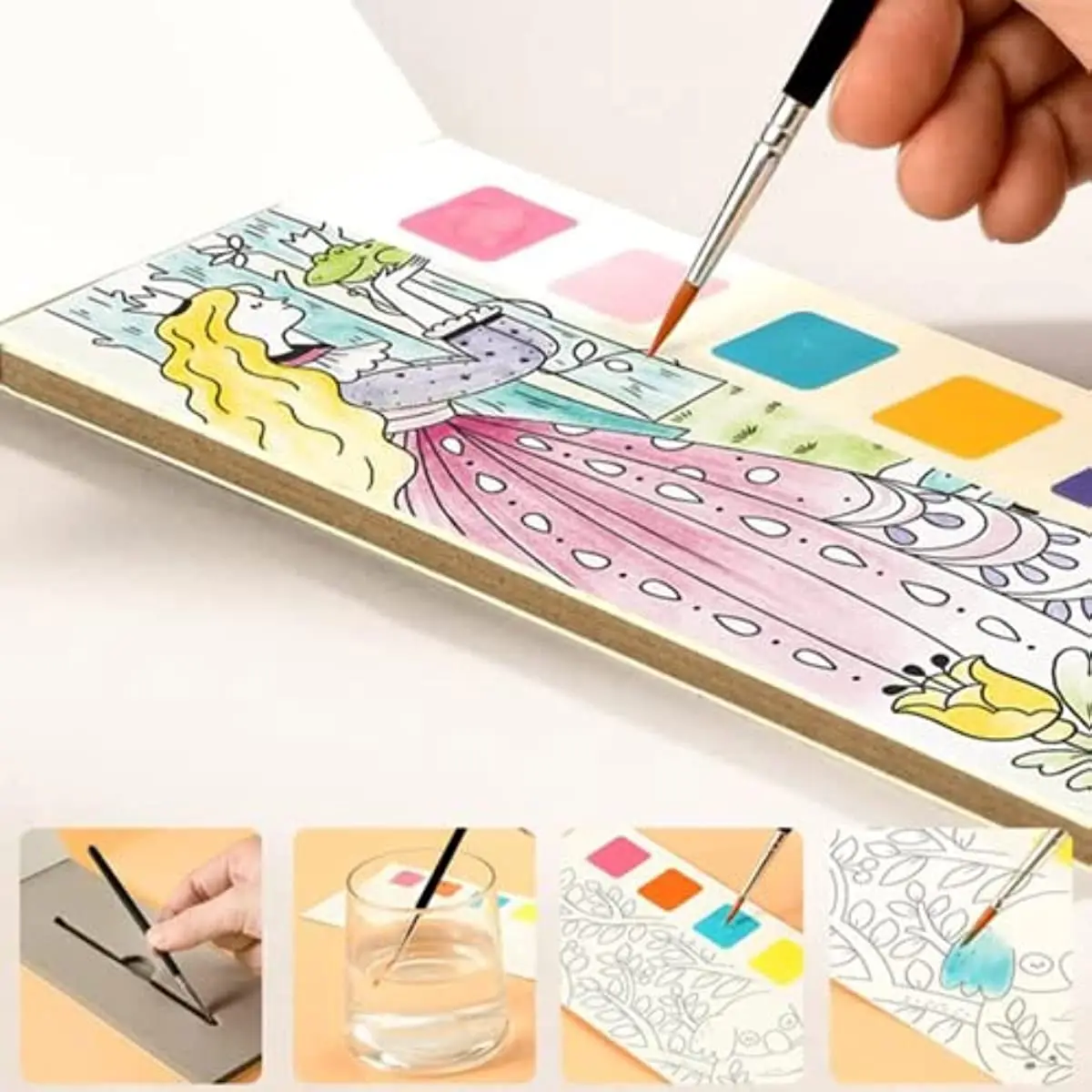 Mideer 20 Sheets Pocket Drawing Book 6 Colors Kids Girl Art Coloring Book with Brush Solid Watercolor Paint Set DIY Bookmark