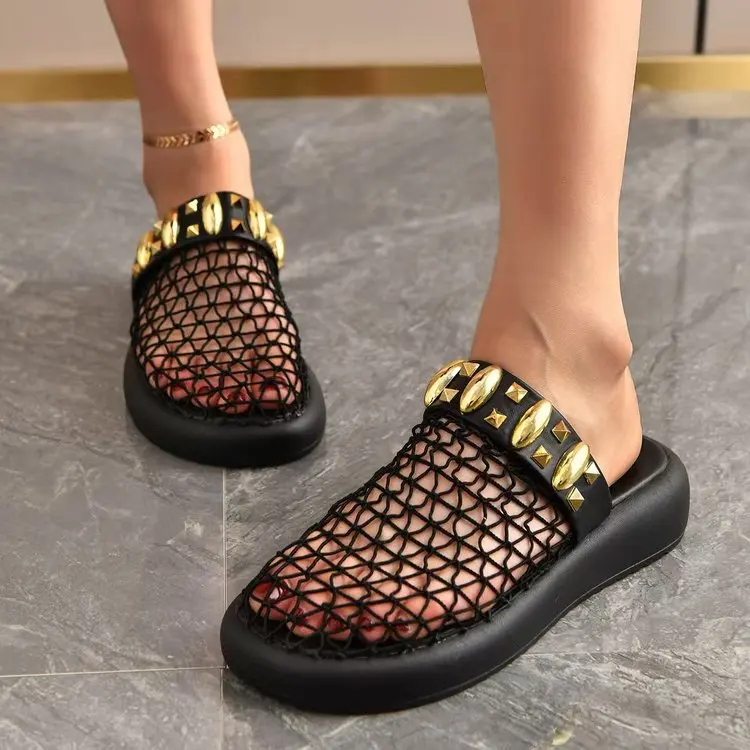 2026 New Hollowed Out Breathable Toe Cap Half Drag Thick Sole Roman Temperament Versatile Fashion Beach Slippers