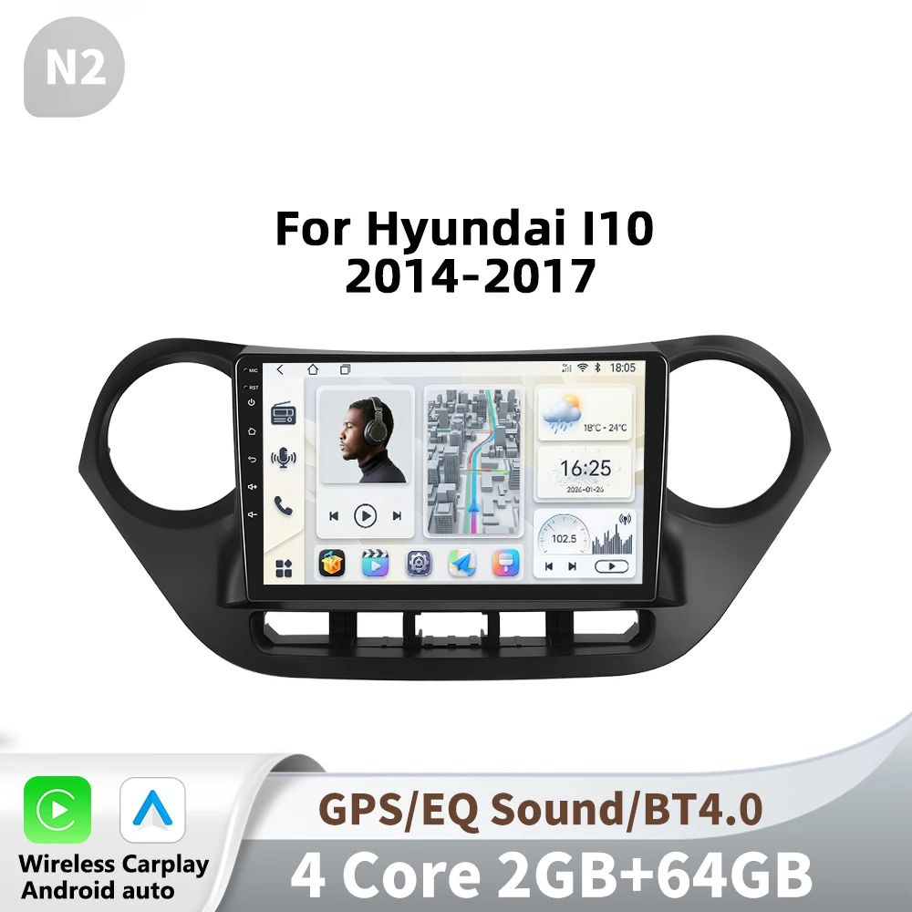 Podofo autoradio voor Hyundai I10 2014-2017 draadloze Carplay Android Auto multimediaspeler 2 Din