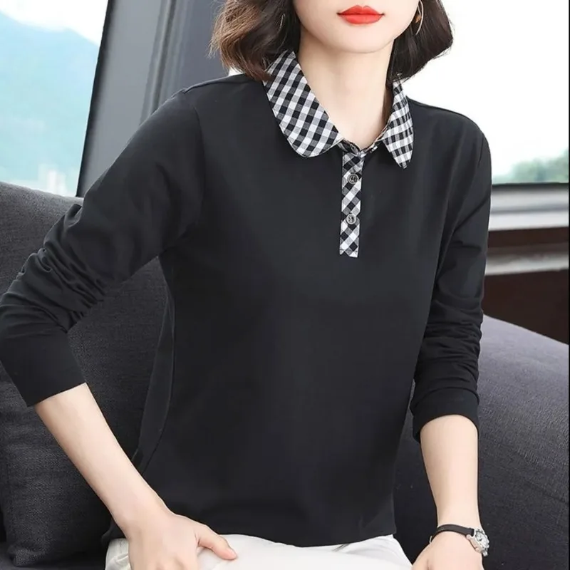 Spring Autumn Winter Pure Cotton Long Sleeve T-shirt Women\'s Loose Large Polo Collar Plaid Bottom Shirt Button Pullover Tops