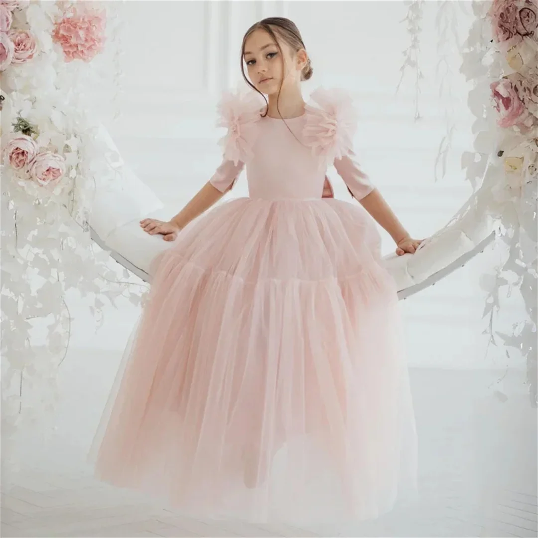 Aangepaste bruiloft verjaardagsfeestje tule met strik halve mouw lichtroze bloemenmeisjesjurken voor banketprinsesjurken