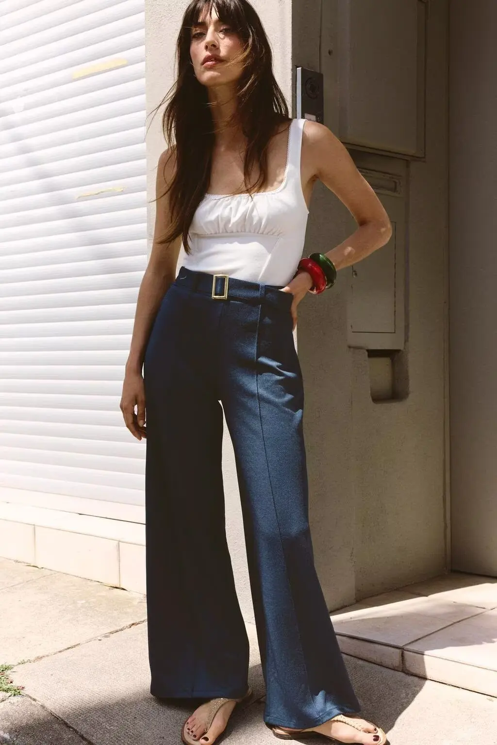 

BB6688 ZA25 Summer New Women's Versatile Ribbed Belt, Diagonal Middle Waist, Casual Wide Leg Pants 3644134