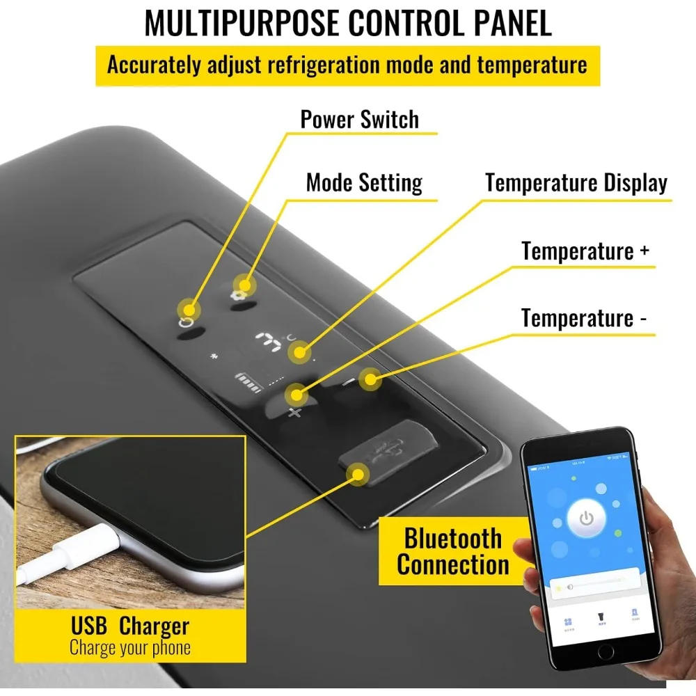 Mini nevera portátil para coche, refrigerador de 12 voltios, 16 Qt, con/ -4 ℉-68 ℉ y Control por aplicación, 12/24V CC y 110-240V CA, compresor eléctrico