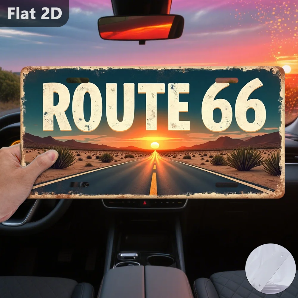 2D Flat 1pc Vintage Route 66 Road Sign Retro 1950s Americana Wall Decor,  Aluminum Metal Plaque for Garage, Home, Office