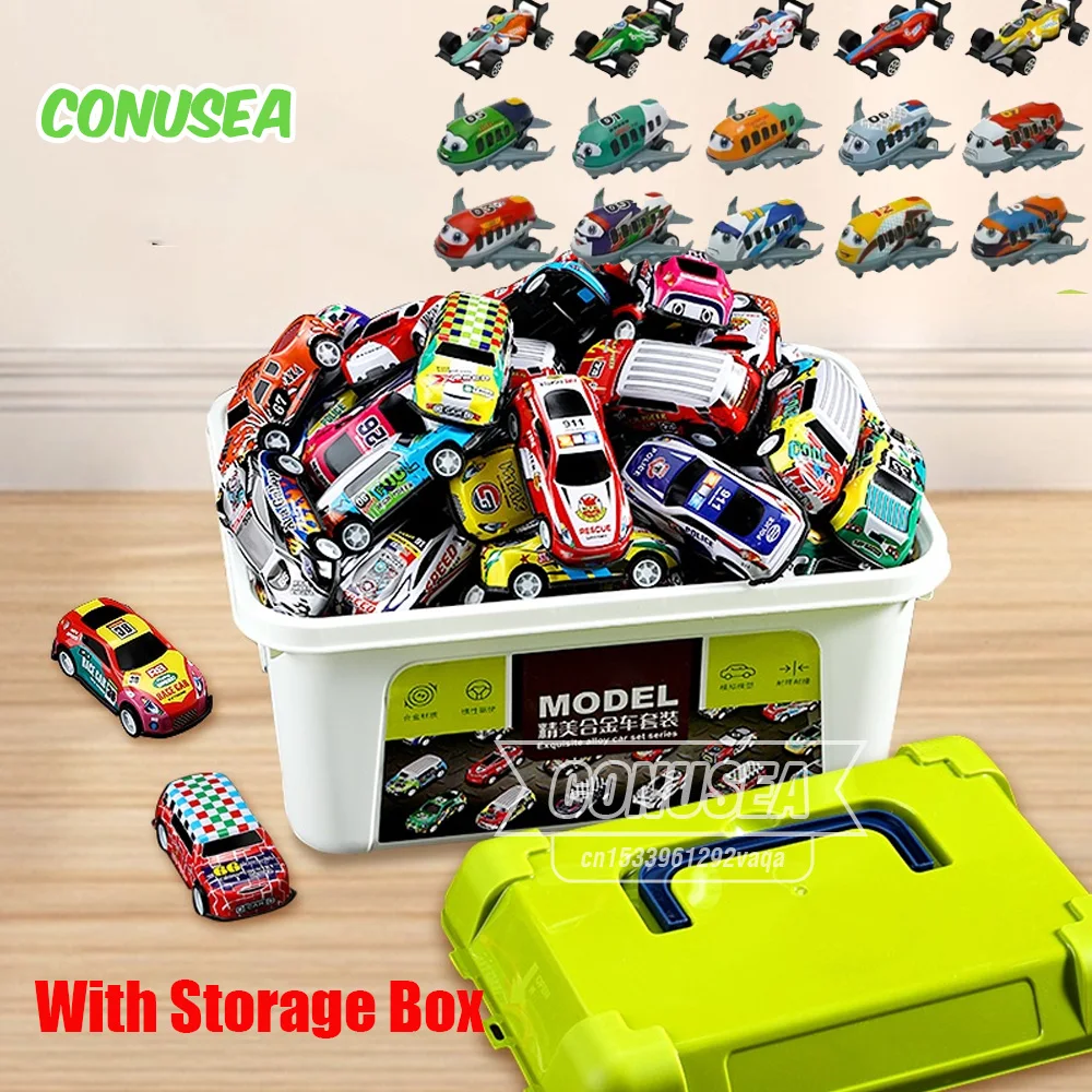 Liga puxar para trás carro conjunto 10/20/30/50pc caixa de armazenamento crianças mini carro de corrida avião modelo veículo coleções brinquedos meninos crianças