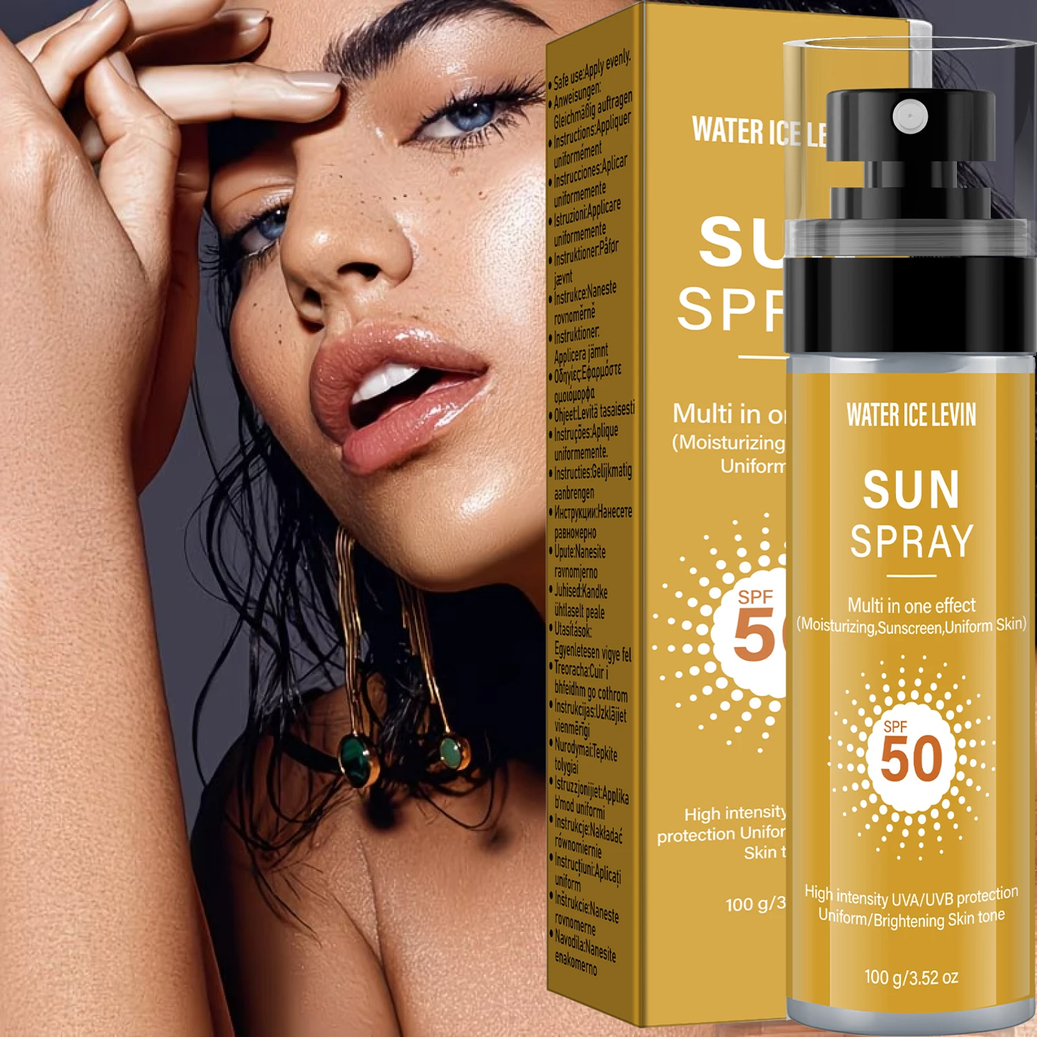 Water ice levin Spray Solar SPF50, Protector Solar Hidratante con Colágeno y Ácido Hialurónico, Brillo Uniforme para Rostro y Cuerpo, 100gWater ice levin Spray Solaire SPF50, Crème Solaire Hydratante au Collagène et Ac