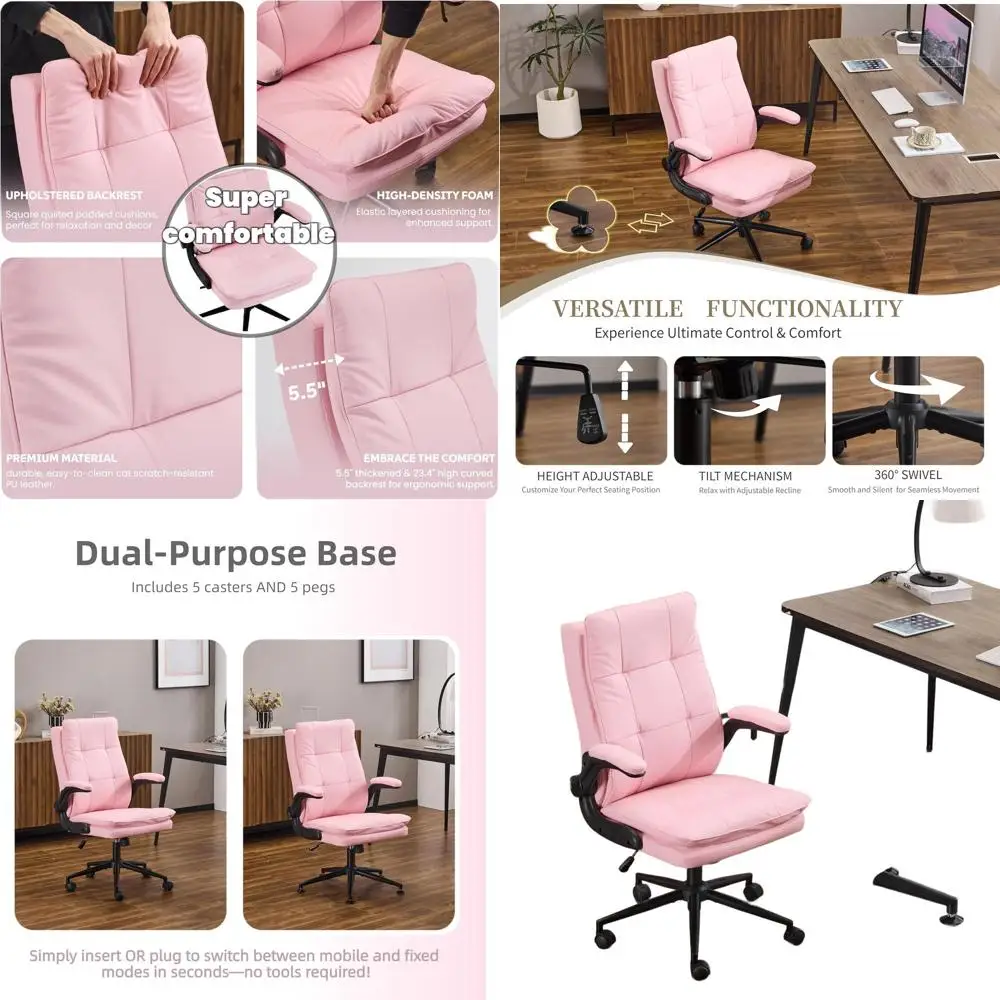 

Ergonomic High-Back Pink Leather Desk Chair for Home Office, 360° Swivel, Adjustable Height, Flip-Up Arms, Suitable for Adults a