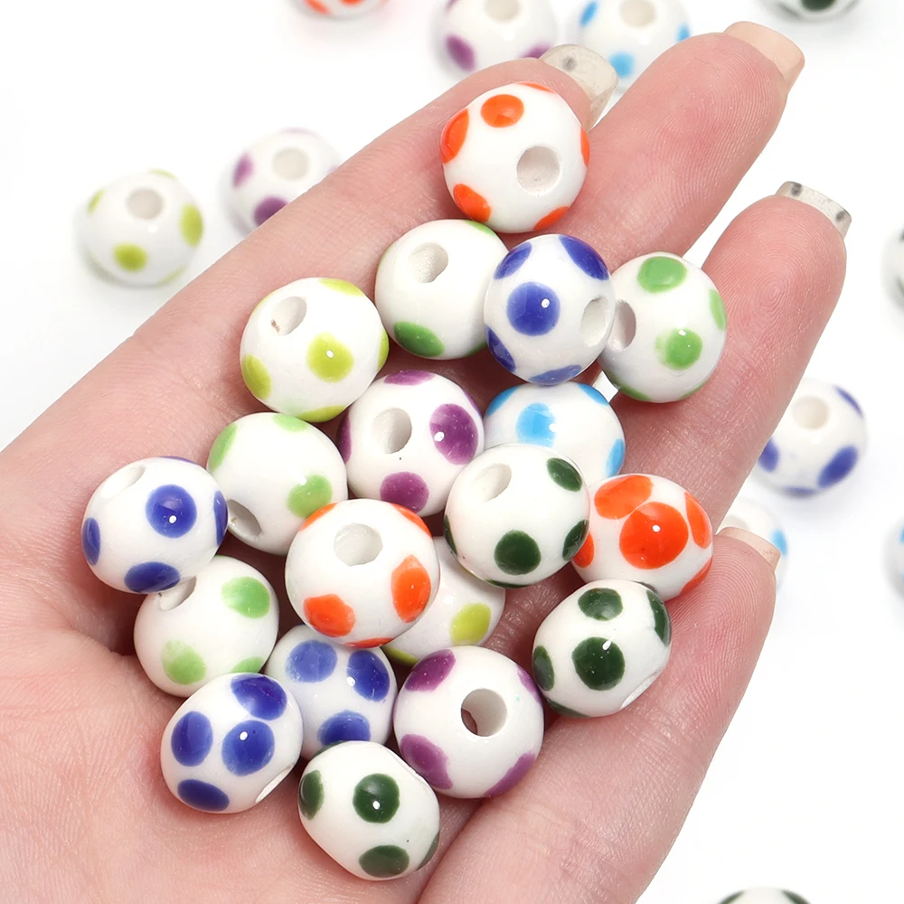 5Pcs 12.5x10mm Printed Polka Dot Ceramic Round Beads Colored Straight Holes Loose Beads For DIY Charm Bracelet Necklace Jewelry