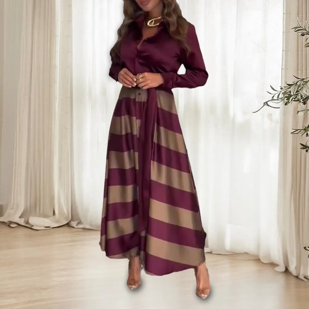 Lady Commuting Dress Turn-down Collar A-line Striped Print Big Swing Long Sleeves Lace-up Tie Waist Formal Business Style Office