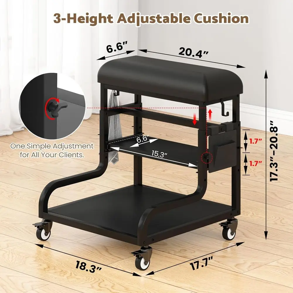 Adjustable Pedicure Foot Rest with 3-Level Height, PU Cushion, Storage & Locking Wheels, Mobile Pedicure Cart Foot Bath Trolley