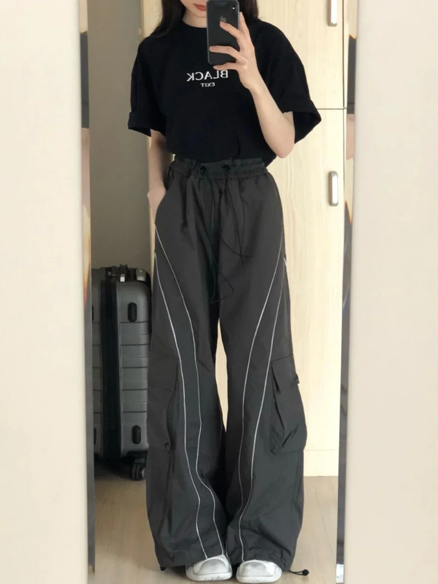 กางเกงทำงานเอวสูงสไตล์อเมริกันเรโทร สำหรับผู้ชายและผู้หญิง ดีไซน์สตรีทแฟชั่น ฮิปฮอป ทรงหลวม ขาบาน ปลายขาพับ ลำลอง