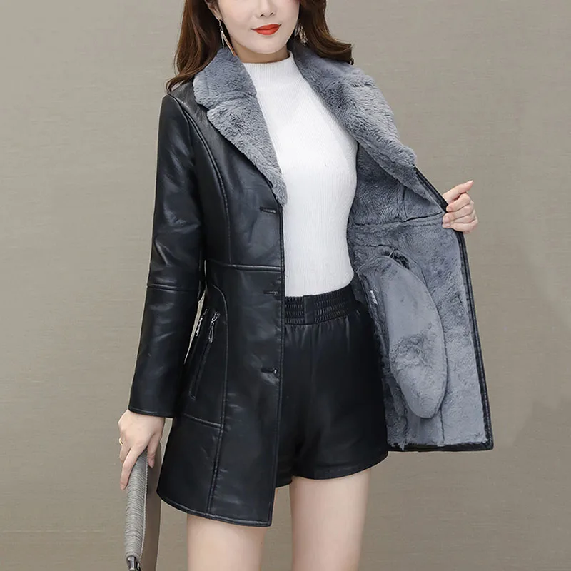 Womens Leather Windbreaker Plus Velvet Thick PU Leather Cotton Coat Long Suit Collar Large Size Fashion Warm Leather Jackets