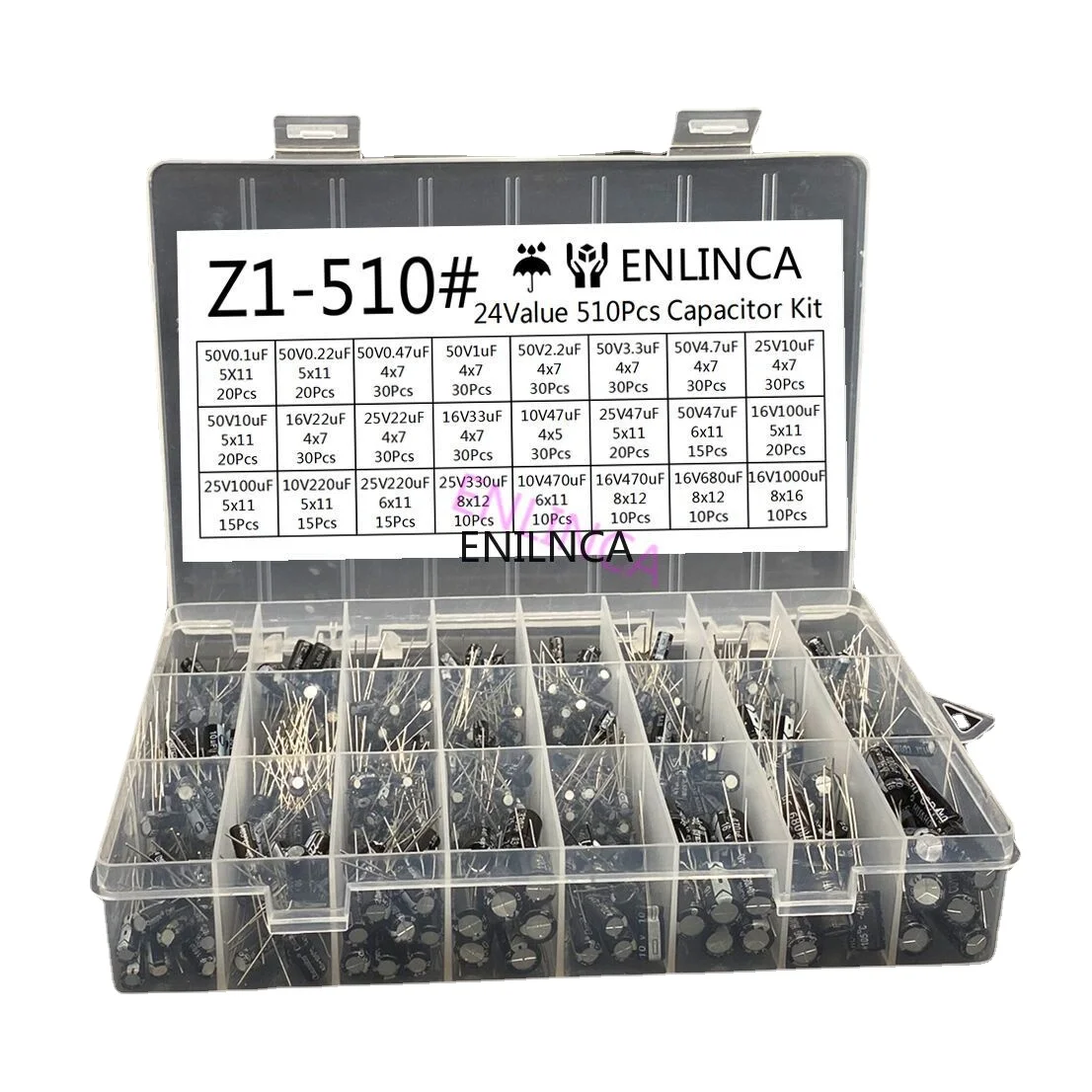 Condensadores electrolíticos de aluminio, kit surtido de condensadores electrolíticos de mezcla de 16-50V, caja de almacenamiento, 24 valores, 510