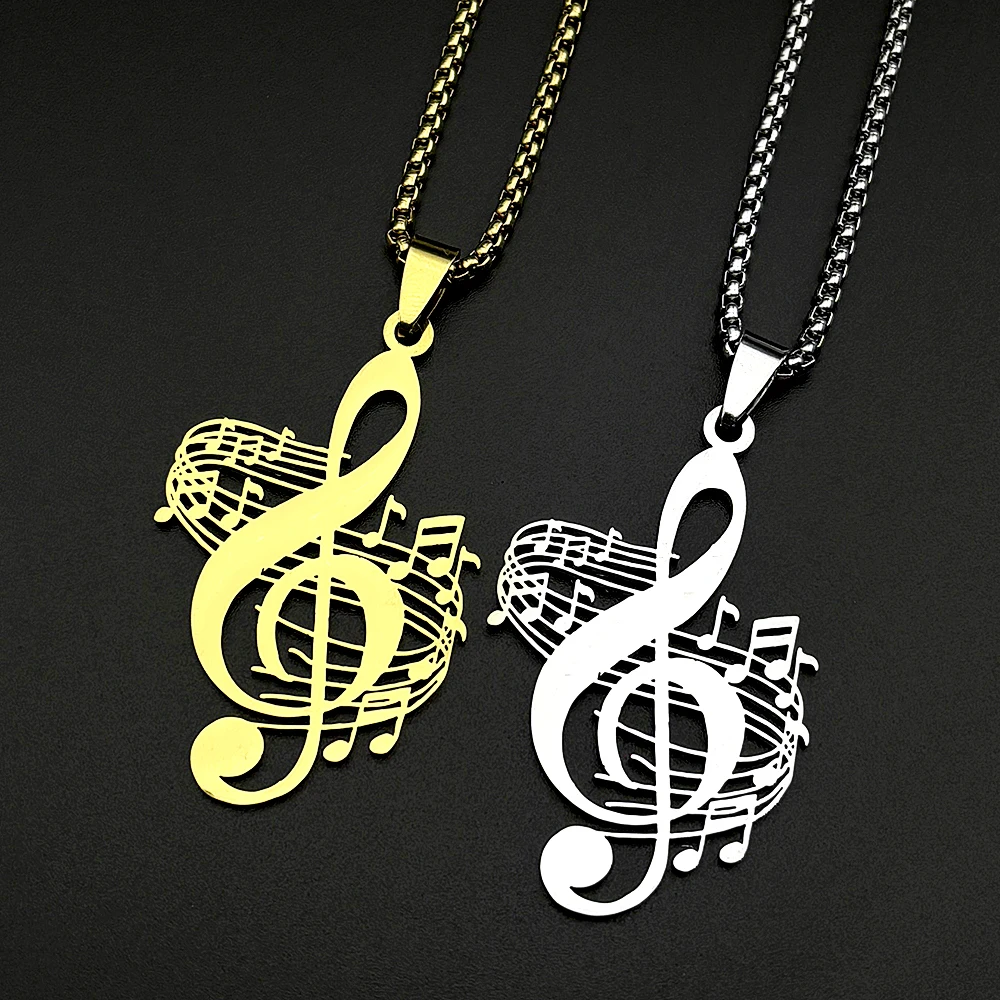 Treble Clef Music Note Pendant Necklace Women Men Gold Color Stainless Steel Sheet Rock Charm Musical Lover Chain Jewelry Gift