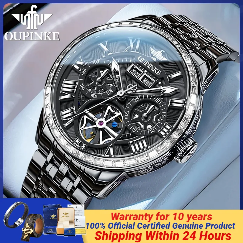 OUPINKE 3252 Black Steel Watches Men Automatic Mechanical Date Year Roman Scale Sapphire Mirror Deep Waterproof Wristwatches