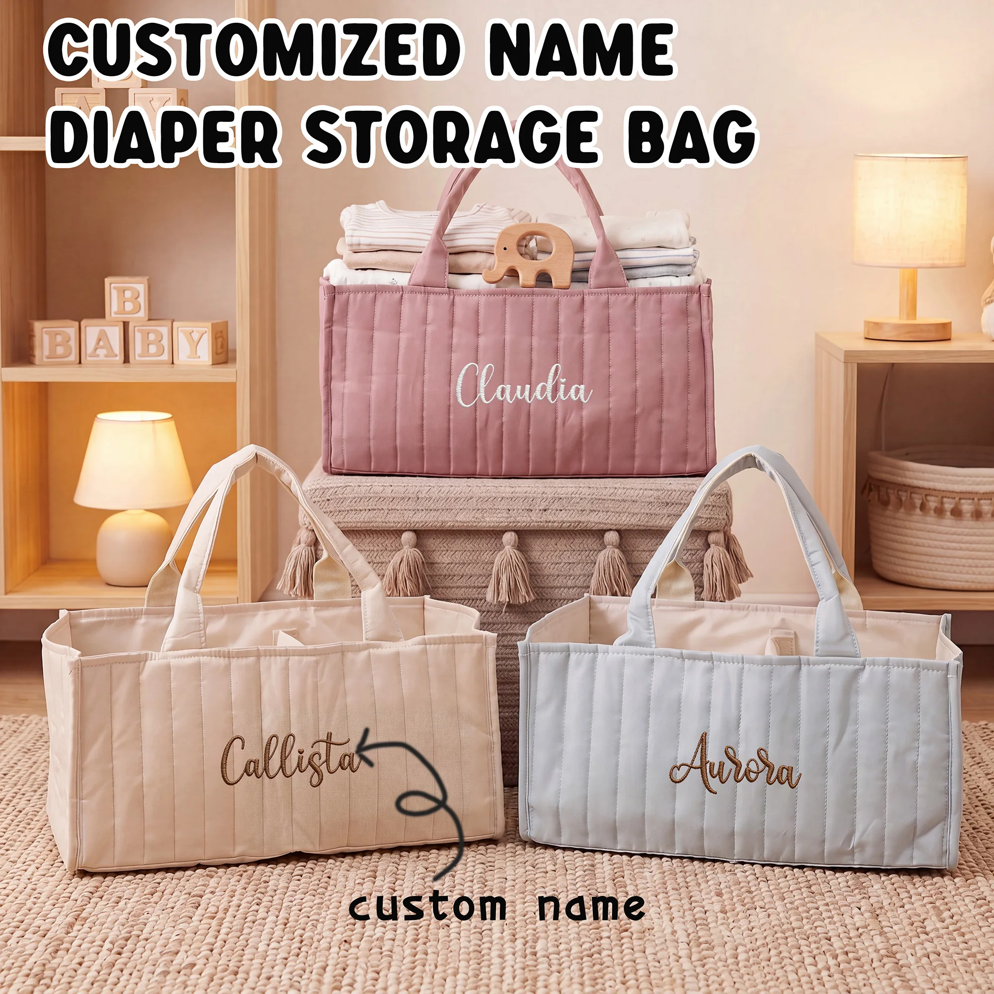 Baby Products Storage Box - Personalized Embroidered Diaper Caddy Organizer, Custom