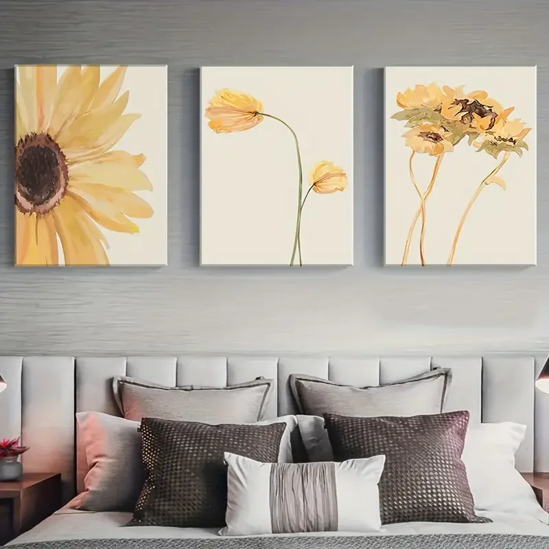3-Piece Sunflower and Poppies Canvas Wall Art Set - Art Deco & Modern Floral Theme Landscape Oil Painting, No Framed Indoor Deco