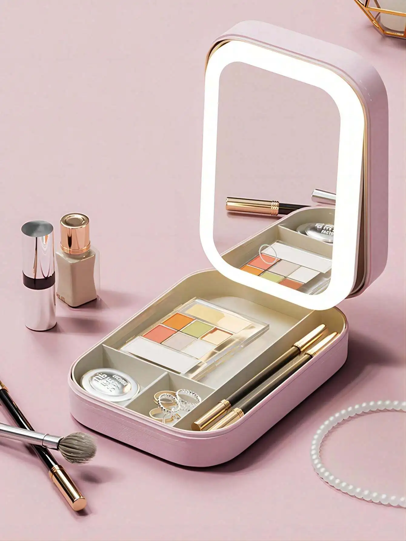 

Travel Makeup Case With Lighted Mirror, Partitionable Cosmetic Bag, Professional Cosmetic Organizer, Waterproof Portable, Trave