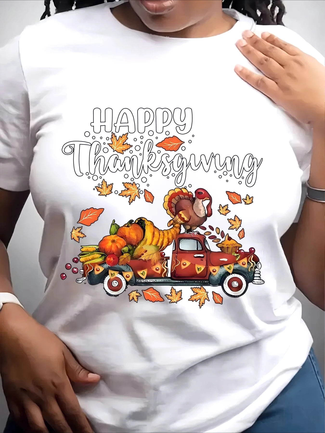 Women's Trendy Crew Neck T-Shirt Happy Thanksgiving Truck Design Suitable for Casual Sportswear Y2k Oversized Summer Clothes