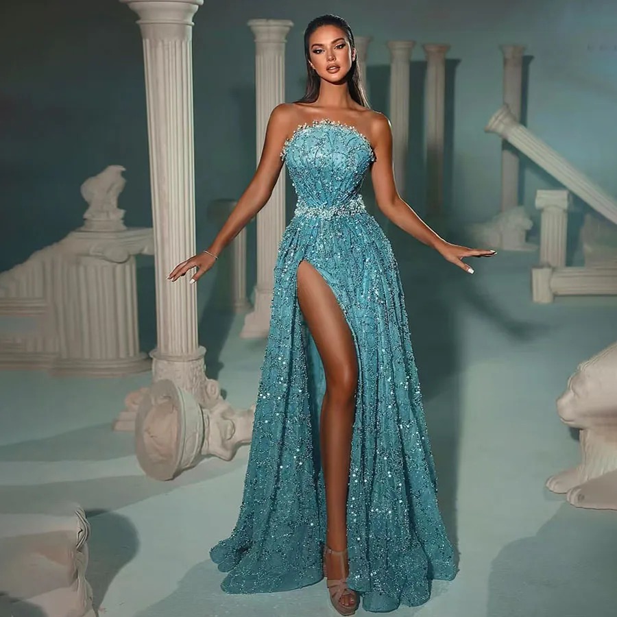 

Fashion Pretty Off Shoulder Sleeveless Evening Dresses for Women Sparkly Luxury Beading Sexy High Split A-line Prom Gowns