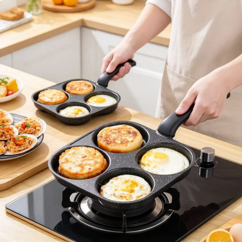 4-Cup Nonstick Divided Egg Pan, Omelet Maker Skillet, Compatible with Gas & Induction Cooktop for Quick Breakfast