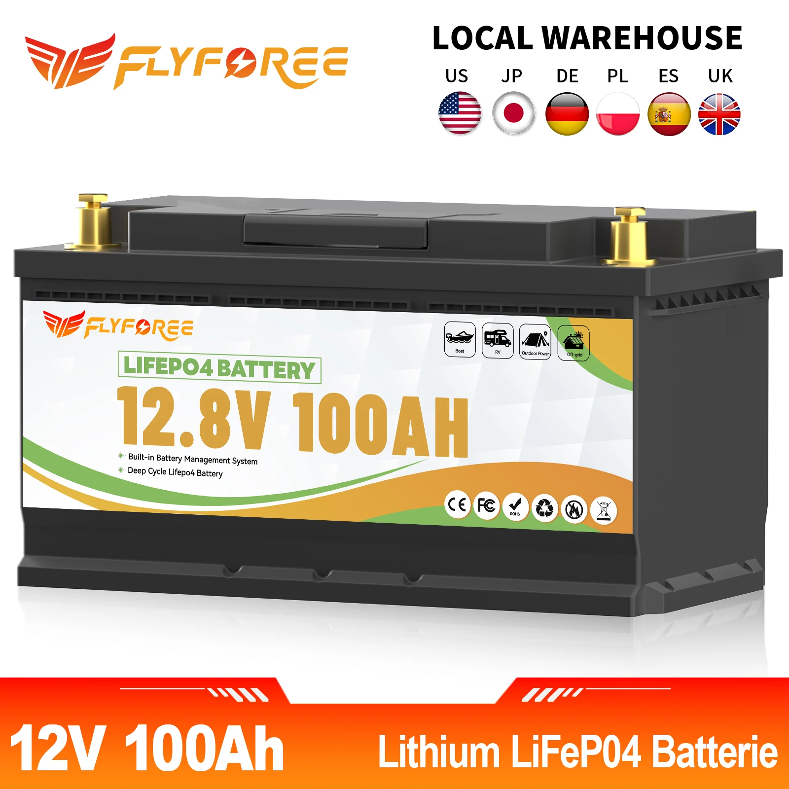 FLLYROWTH 12 فولت 100 أمبير LiFePo4 بطارية ليثيوم حزمة 100A BMS لمحركات القوارب RV العاكس الرياح الشمسية بطارية ليثيوم فوسفات الحديد