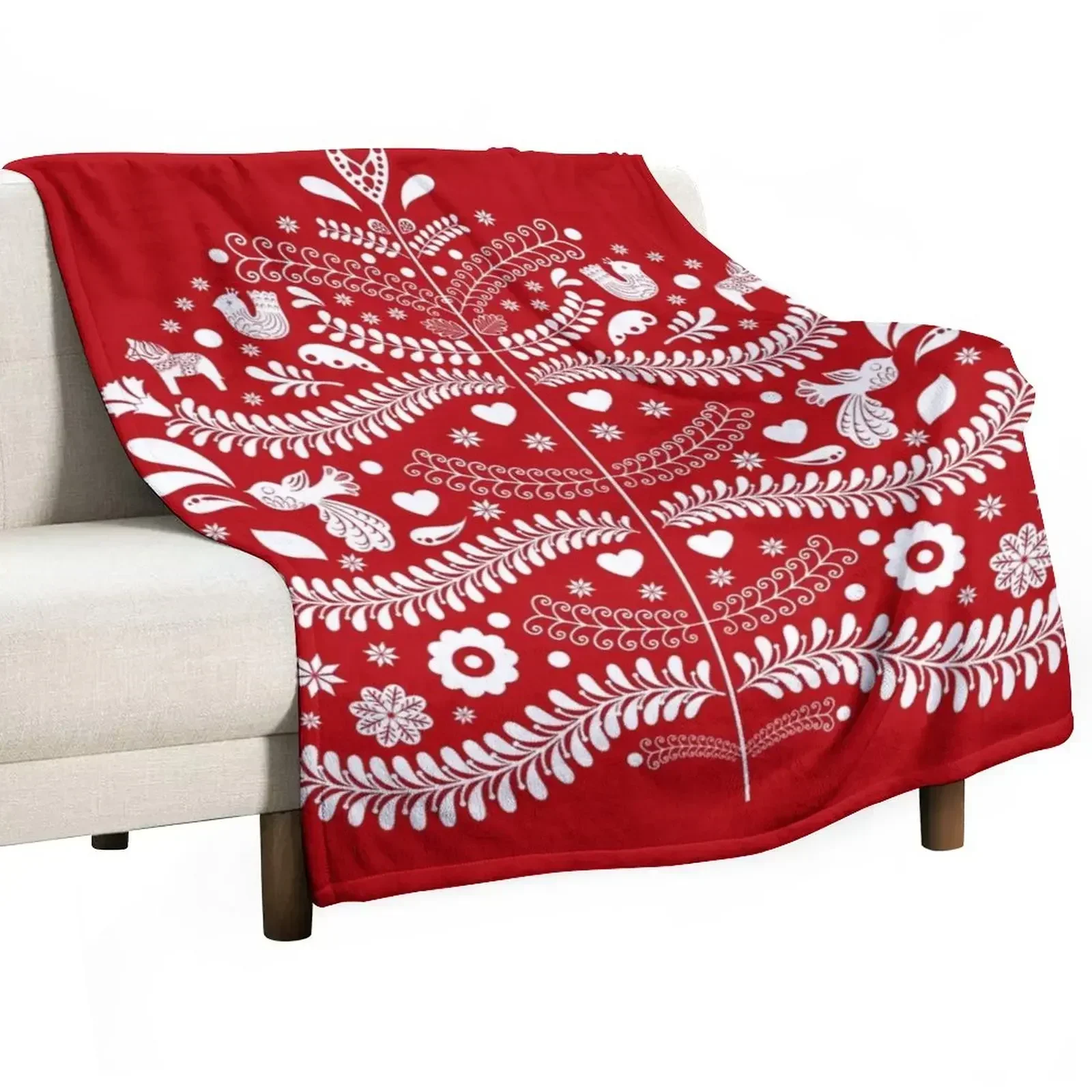 

White Scandinavian Christmas Tree on Red Throw Blanket Plaid Picnic Luxury Brand Blankets