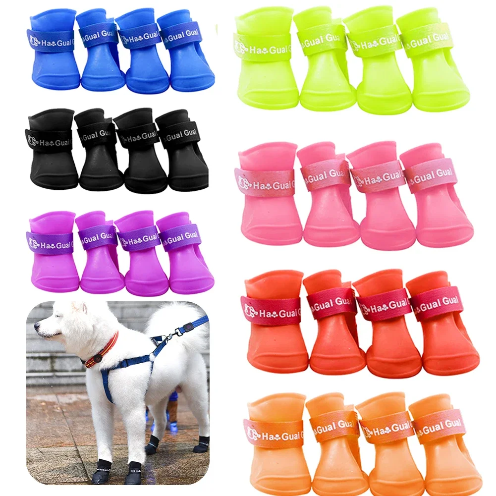 4PCS Pet Rain Shoes Anti-slip Wear-resistant Soft Silicone Dog Rain Boots Jelly-coloured Golden Pet Outdoor Waterproof Shoes