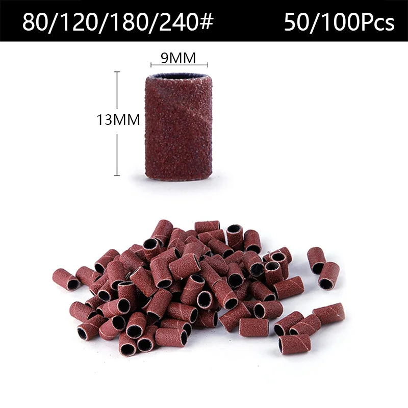 9*13MM Sanding Cap Bands 50/100Pcs for Electric Manicure Machine 80/120/180/240 Grit Professional Manicure Nail Polish Removal