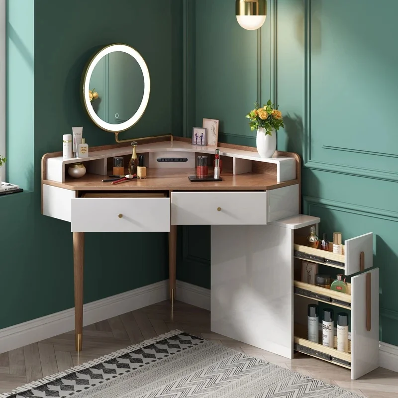 

Modern Makeup Dressing Desk with LED Light Mirror Dressers and Wood Table Set for Bedroom