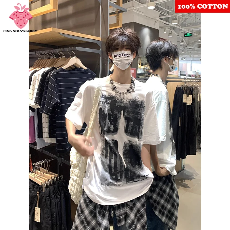 

American Street Graffiti Print Couple T-shirt Summer 25 New 100% Cotton Short sleeve Casual comfort Y2k Tops Youth mens clothing