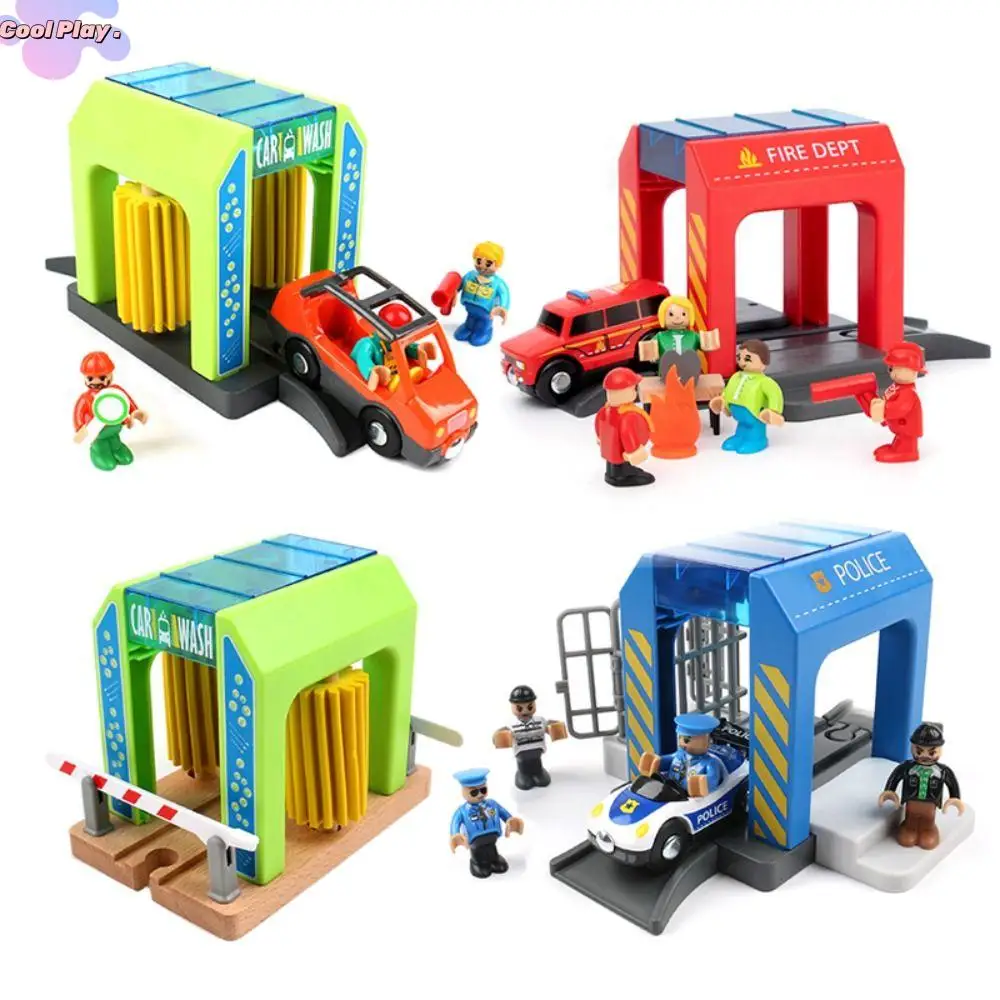 

Building Blocks Connection Wooden Train Tracks Railway Toys Police Station Fire Dept Urban Police Station Car Wash Room DIY