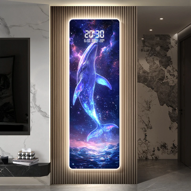 Whale Living Room Perpetual Calendar Grille Decorative Pendant Wave Starry Sky Plug in Electronic Clock Wall Hanging Light