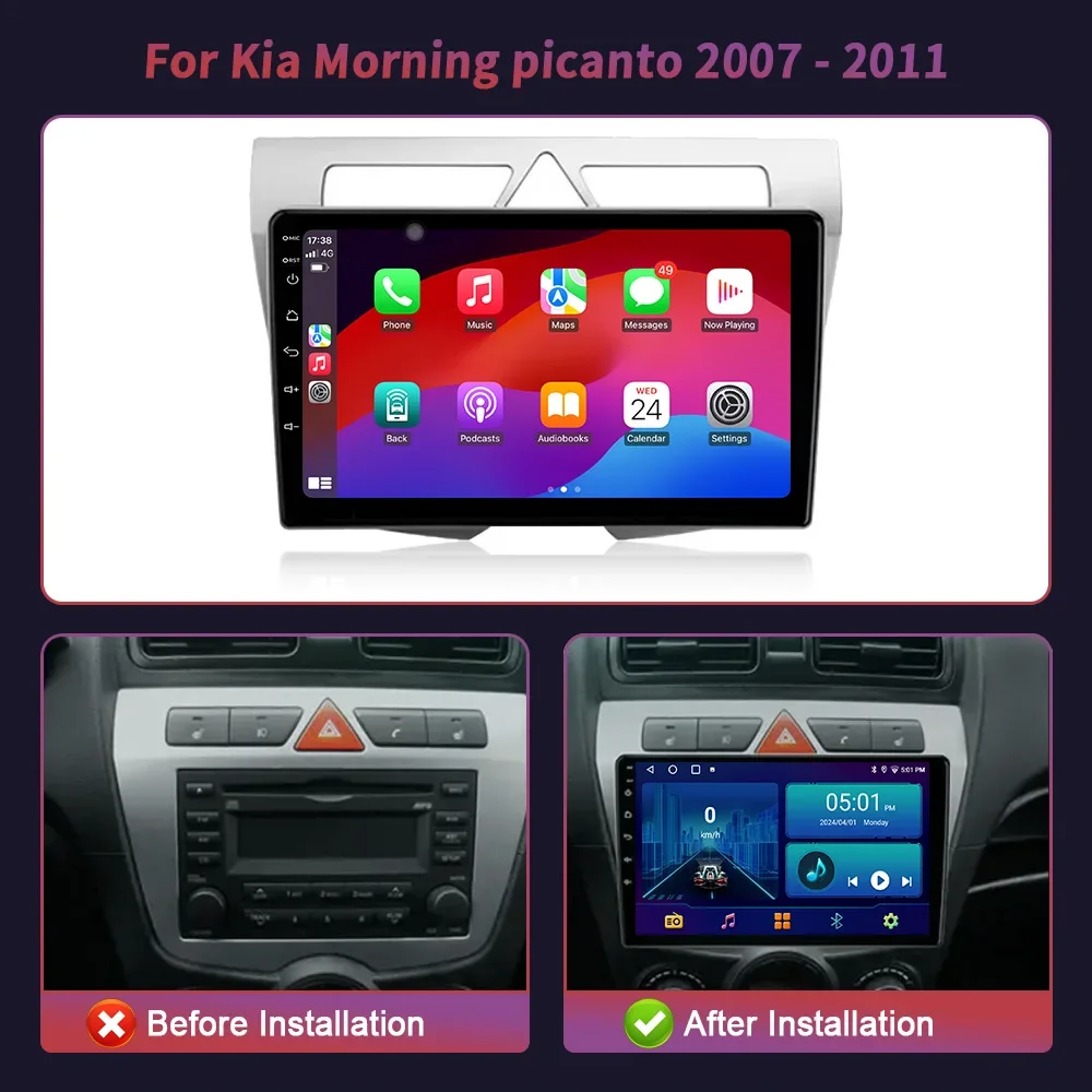 Android 14 navigasi Multimedia nirkabel layar Stereo mobil Radio GPS 4G WIFI 2 Din Untuk Kia pagi Picanto 2007-2011