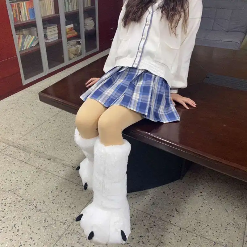 Boys Girls Home Slippers Furry Warm Couple Indoor Shoes Women Cotton Boots Fur Slides Creative Cute Bear Claw Winter Slippers