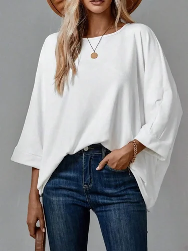 Imagen 2 del producto S-2XL de mujer a la moda primavera otoño Color sólido manga murciélago Camiseta de manga larga señoras Casual Camiseta con cuello redondo Tops sueltos
