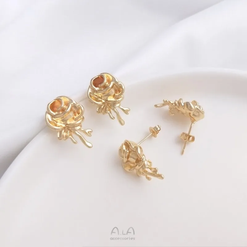 Color 14K Gold Simple Three-dimensional Rose With Rings, Studs, DIY Hanging Baroque Pearl Earrings Accessories