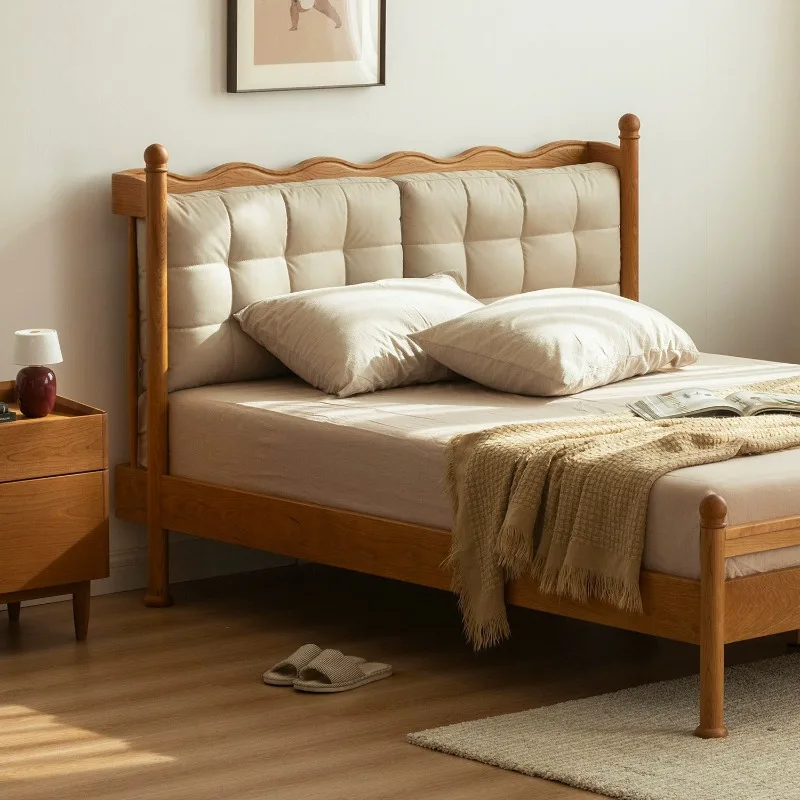 

Retro, Nordic small apartment, all solid wood double bed, cherry wood simple soft bag bed