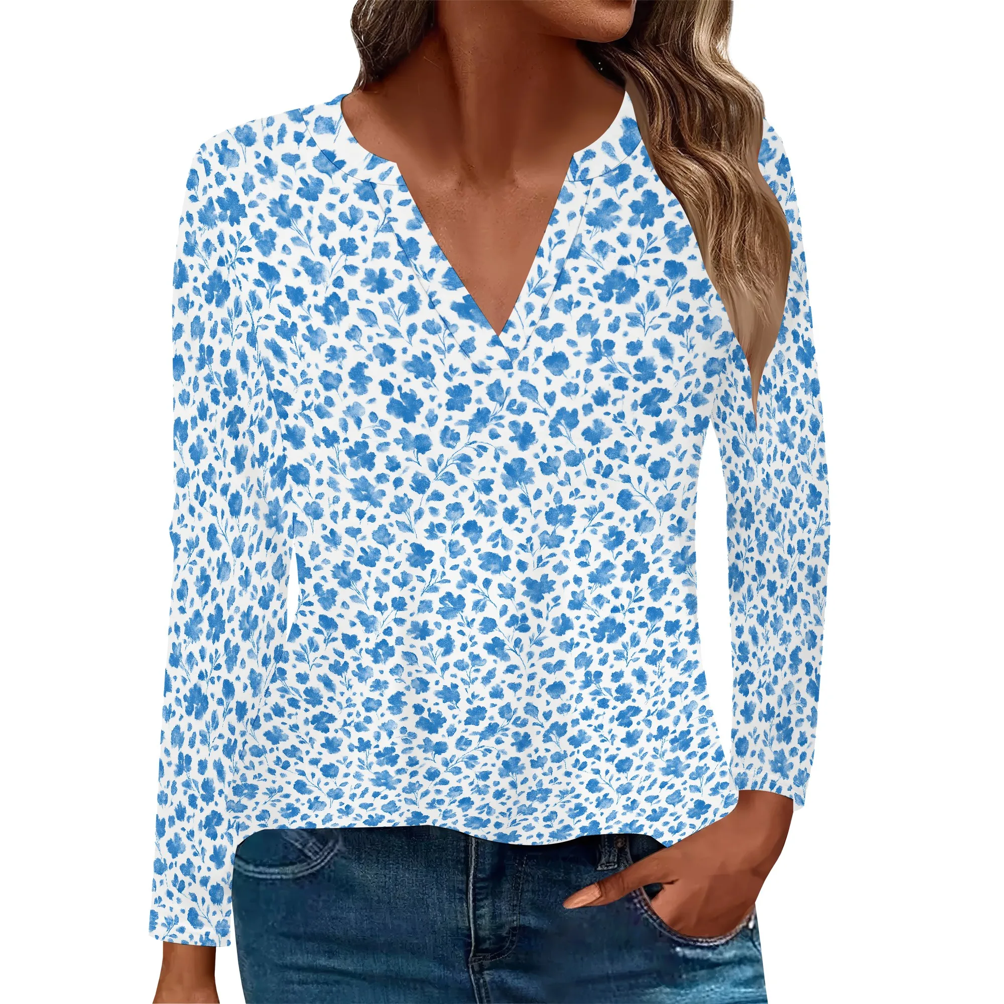 สตรีฤดูร้อนเสื้อแขนยาว V คอลําลองพิมพ์เสื้อ Basic เสื้อหลวม Fit เสื้อ