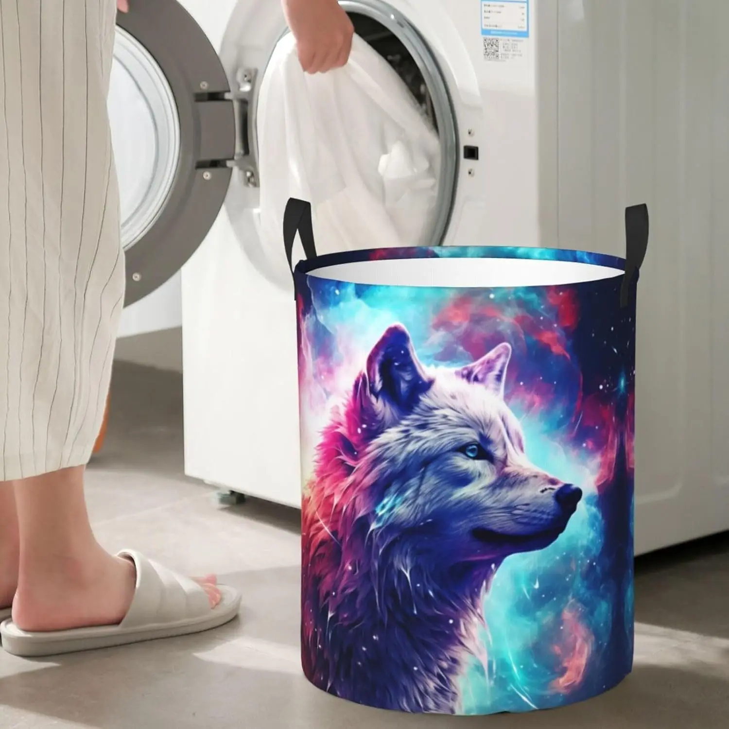 

Large Laundry Basket with Handles - Starry Multicolored Wolf Baby Kids Dirty Clothes Laundry Hamper
