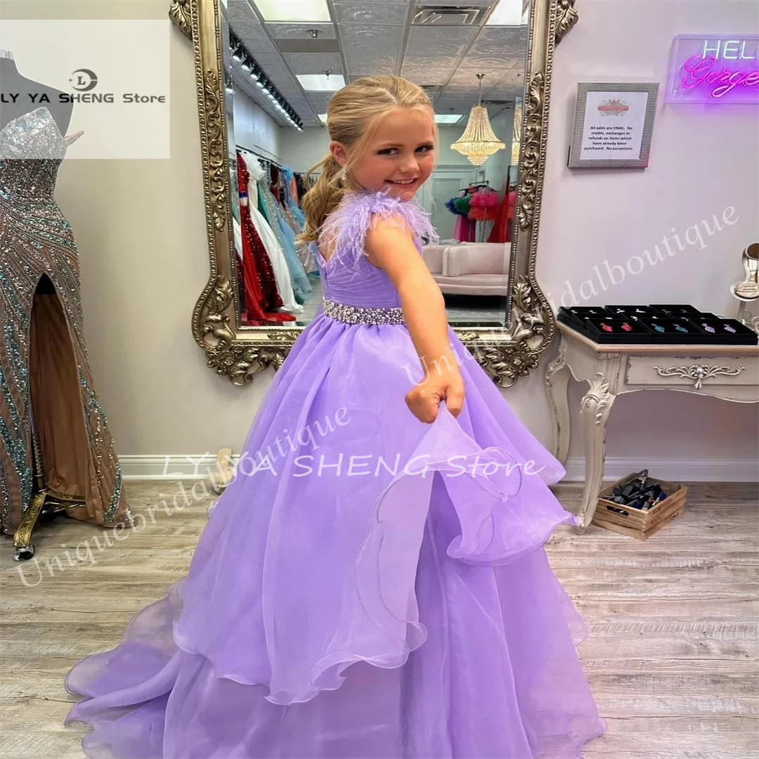 Vestido branco para menina flor com cristais e penas, Organza, Vestido de festa formal, Little Kid, Criança, Adolescentes, Pré-adolescente, Tiny Young Jun, Novo