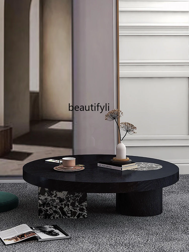 

French Minimalist Natural Black Marble Coffee Table Small Round Table Solid Wood Thickened Round Villa