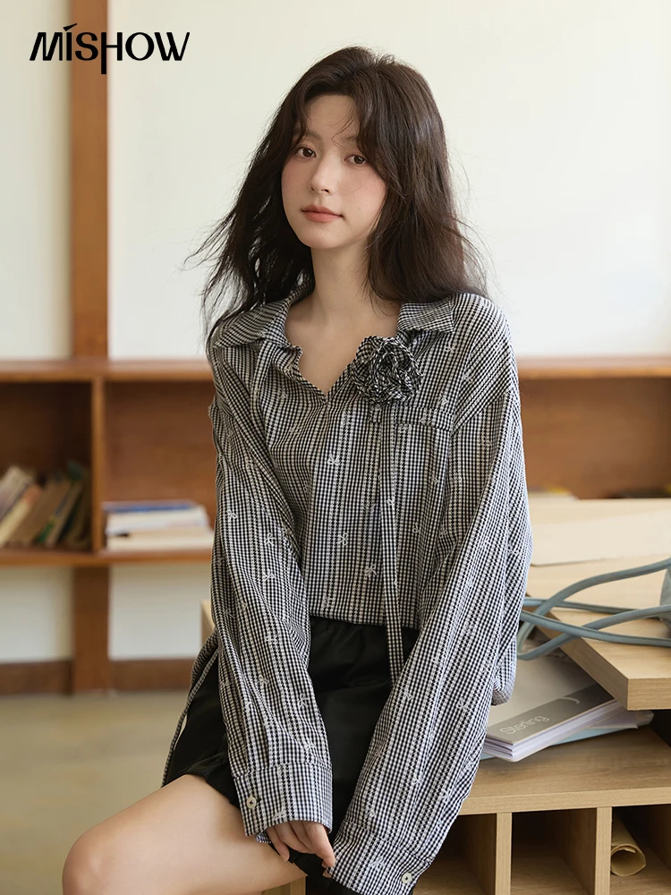 

MISHOW Black Plaid Bow Embroidery Shirt for Women 2025 3D Flower Lace-up Lapel Commuter Shirt Loose Tops Office Lady MXE42C2385