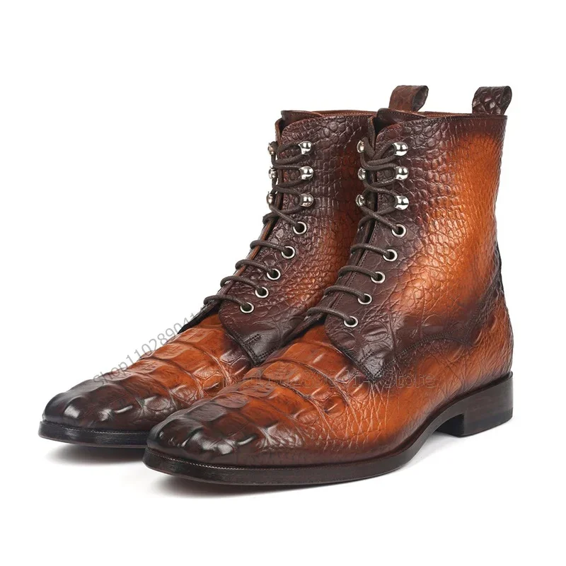 Brown Gradient Color Crocodile Print Fretwork Boots Fashion Lace Up Men Shoes Luxurious Handmade Party Banquet Men Dress Shoes