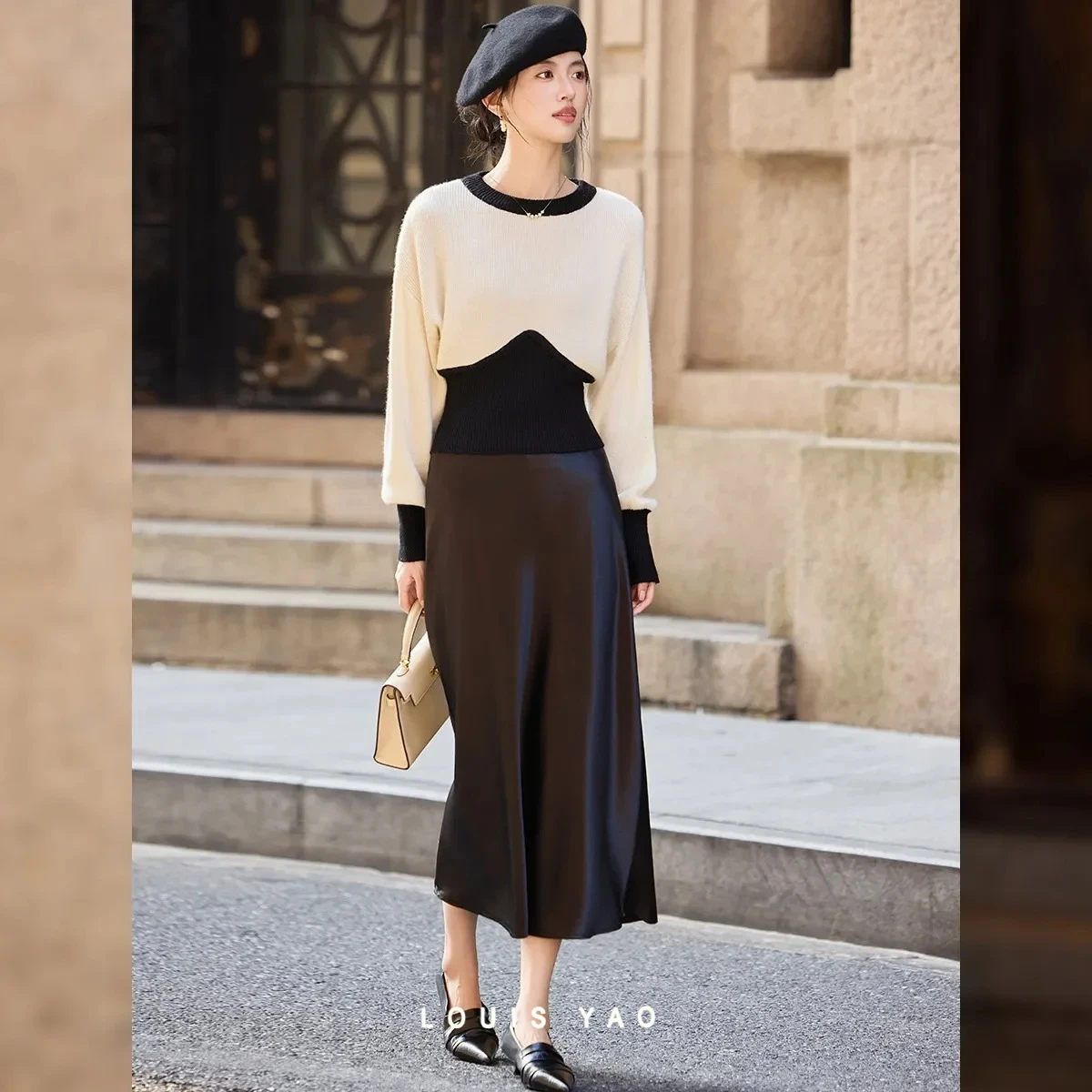 

LOUIS YAO женские вязаные свитера, осень 2022, элегантный контрастный цвет, сращенный женский трикотаж, вязаная верхняя одежда с круглым вырезом