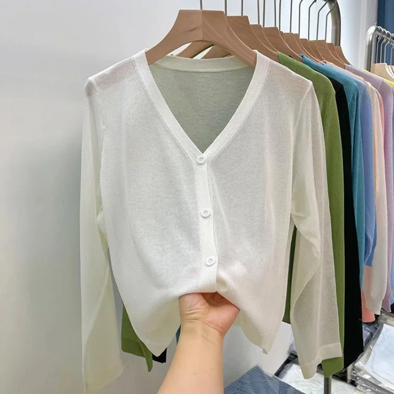 Ice Silk Knitted Cardigan Women's Thin Seaside Jacket White Shawl Summer Long-sleeved Air Conditioning Shirt