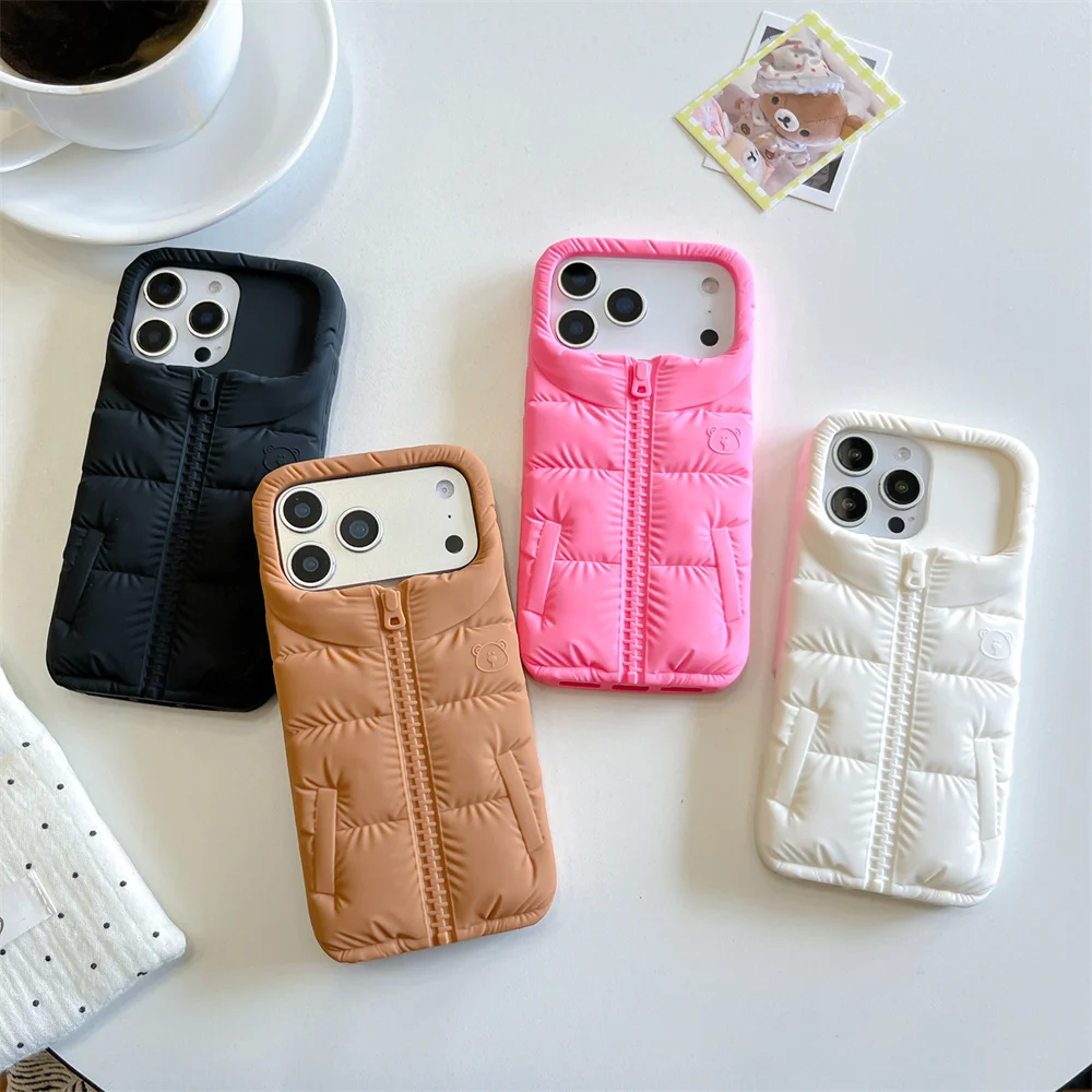 

Cute Bear Down Jacket 3D Phone Case for iPhone 16 Pro 13 14 15 plus 16 17 Pro Max Cover Silicone Funda Fashion Shockproof Cases