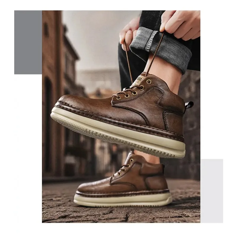 

New Autumn Handmade Leather Men's Boots Outdoor Design Sneakers High Top Male Casual Leather Shoes Ankle Boots Walking Footwear