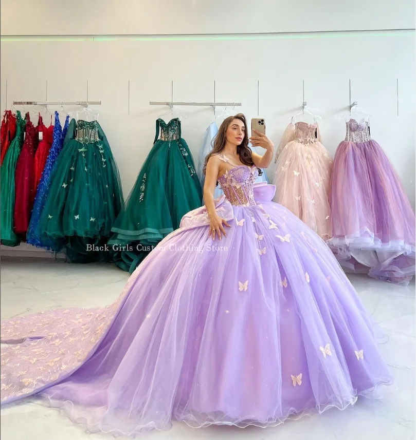 Lavender Lilac Purple Ball Gowns Quinceanera Dress Dreamy Butterfly Strapless Boned See Through Corset vestidos para festas