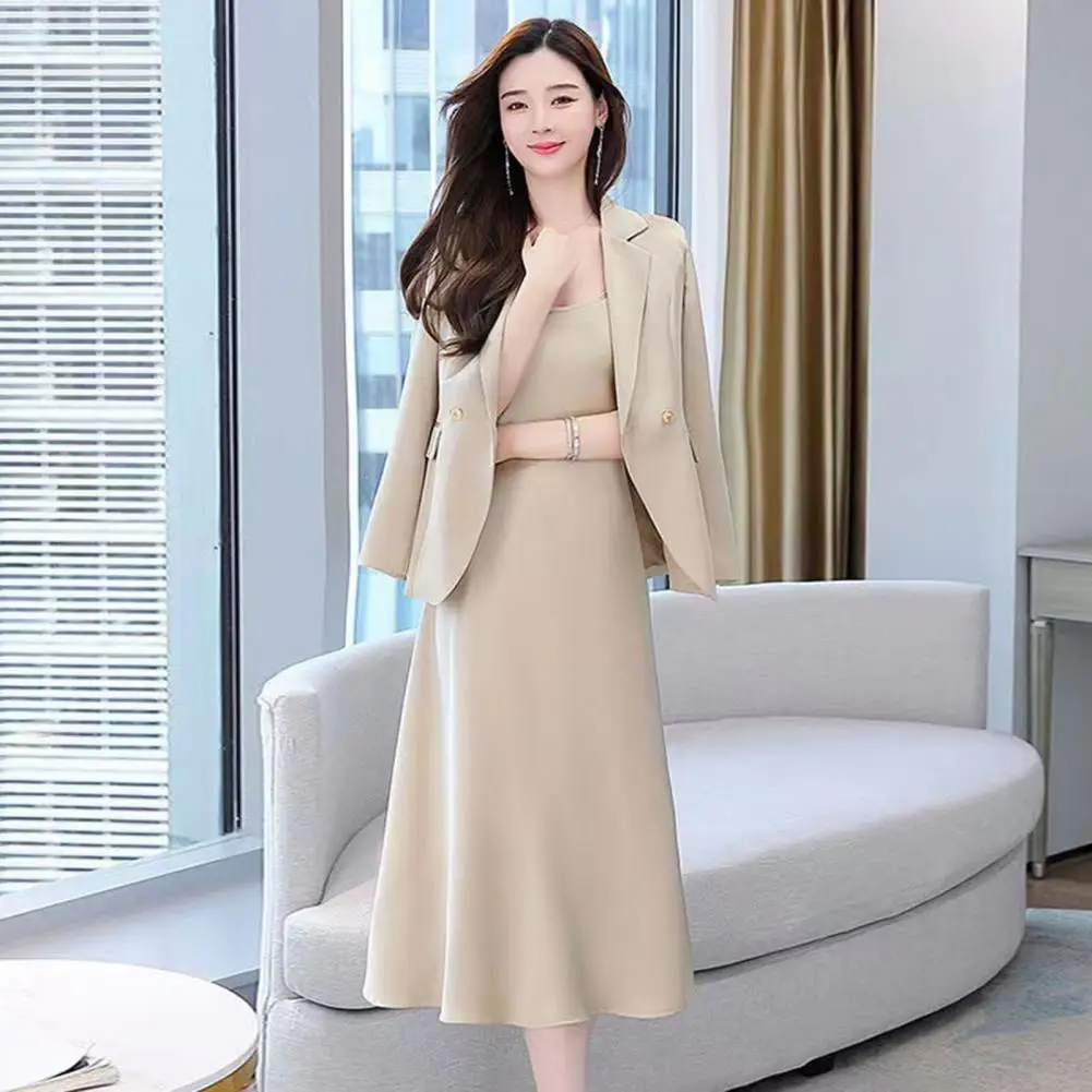 Coat Dress Suit Stylish Polyester Light Luxury Sling Design Women Outfit Spring Clothing Dress Coat Set Women Outfit